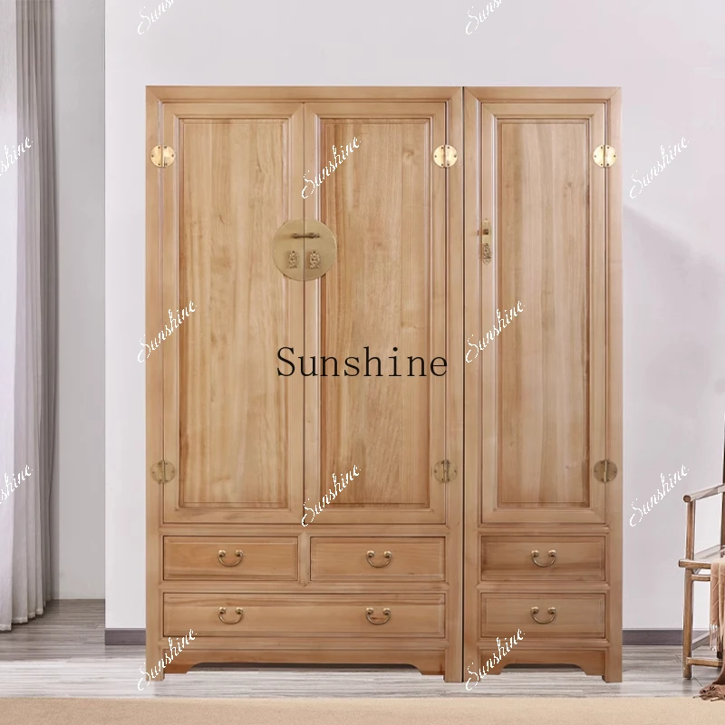 New Chinese-style camphor wood three-double door wardrobe full solid wood bedroom top box cabinet  FT