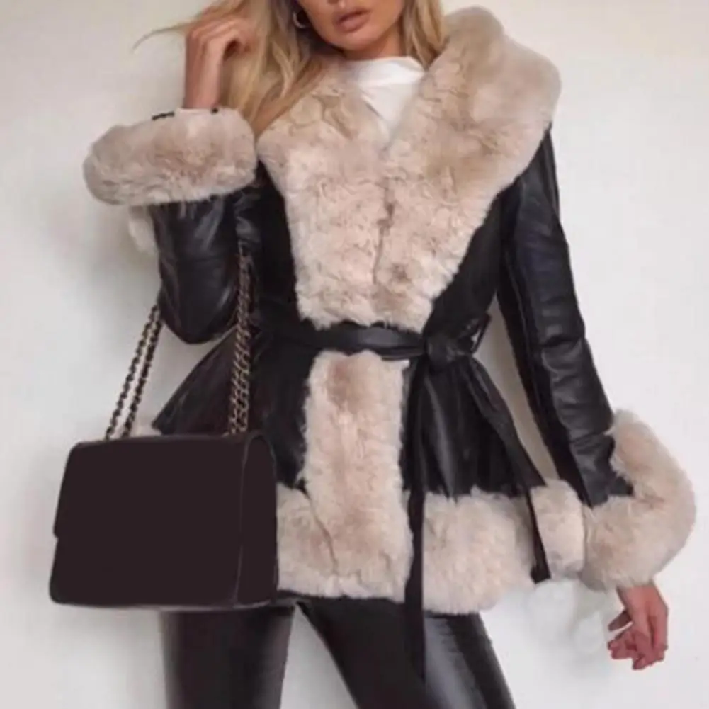 

Luxury Fur Leather Jacket Rabbit Fur Collar Women Jacket Coat Winter Plush Collar Trim Faux Leather Outerwear Winter Overcoat