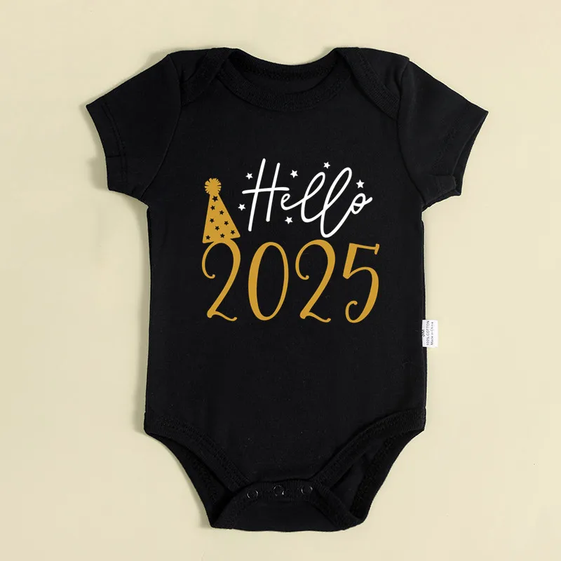 Hello 2025 Newborn Baby Bodysuit Cotton Short Sleeve Infant Rompers Body Baby Boys Girls New Year Ropa Clothes Christmas Gift