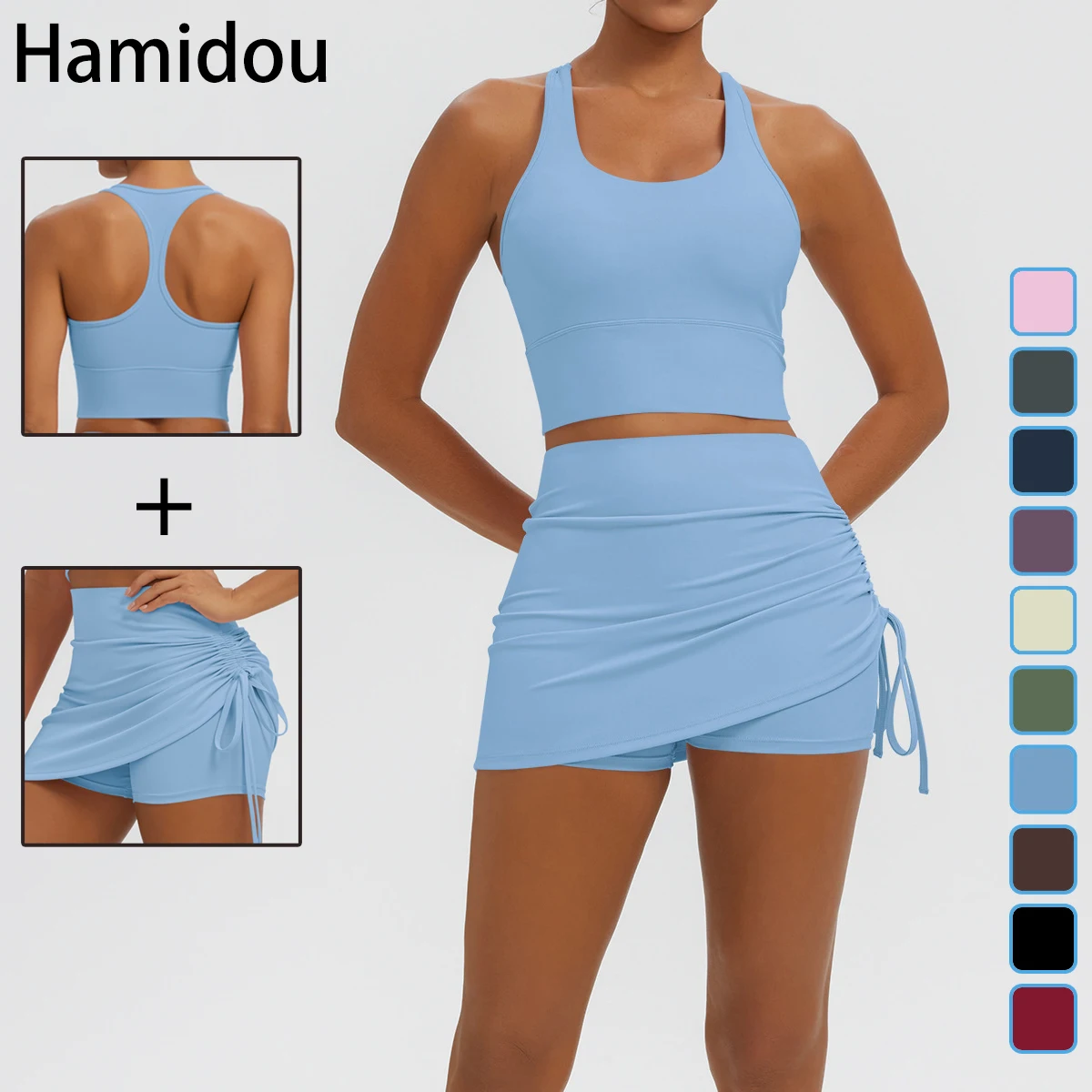 2-piece Women's Sets Backless I-shaped Yoga Vest Summer Breathable Sports Shockproof Workout Top Pleated Yoga Short Skirt Suit