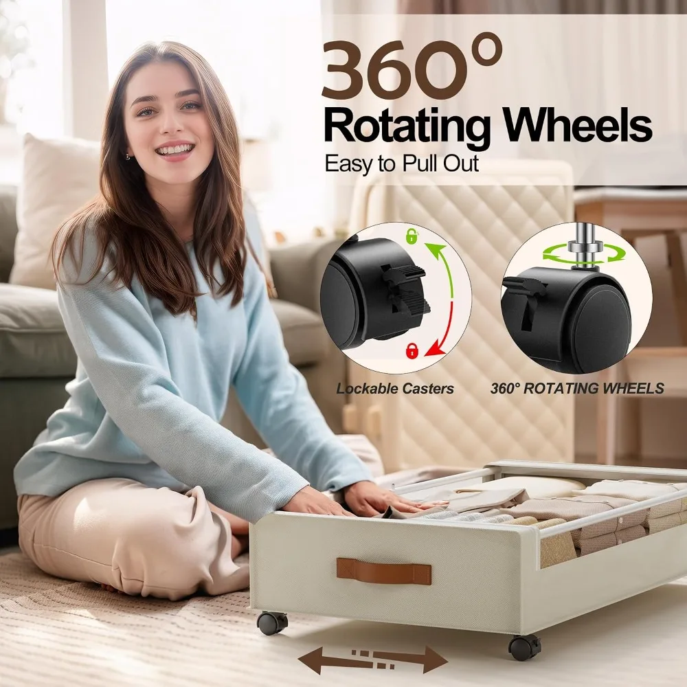 2 Pack Under Bed Storage with Wheels, 60L Clear Lid Bins, Rolling Metal Drawers for Clothes, Blankets, Shoes, Beige view 4