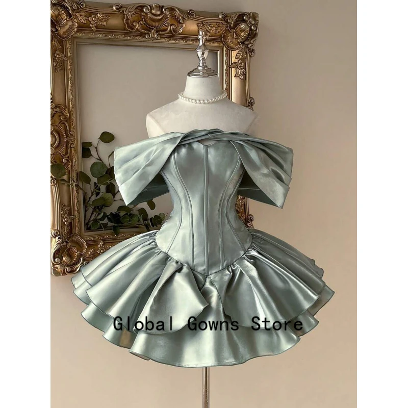 

Graceful Strapless A Line Mini Prom Dress Off The Shoulder Birthday Dress Satin Backless Short Graduation Gown Customized