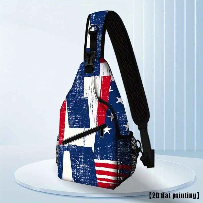 American Flag Print Crossbody Bag Adjustable Strap, Multiple Compartments Casual Sporty Chest Bag for Travel Running Hiking