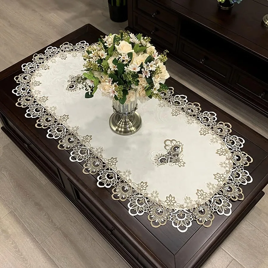 

Oval Coffee Table Cloth 15.7 x 31.5 Inches Pure White Polyester Cn Blend Lace Floral Elegant StainResistant Machine Washable