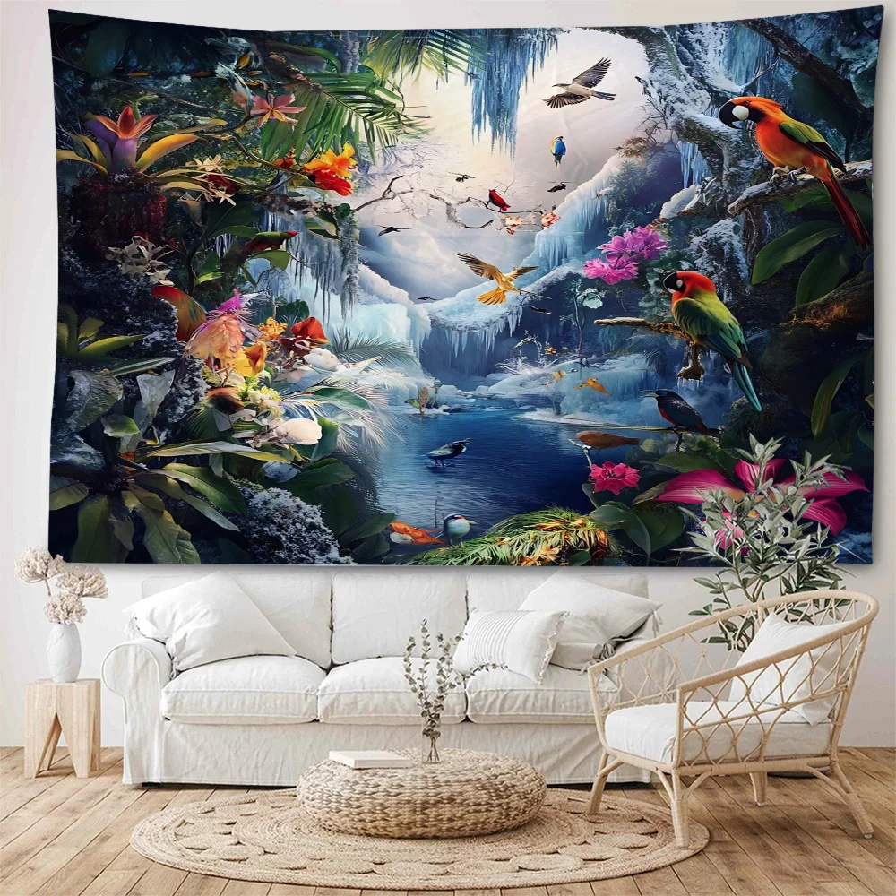 Beautiful forest streams, forest birds, landscape decoration tapestry, Bohemian landscape decoration tapestry