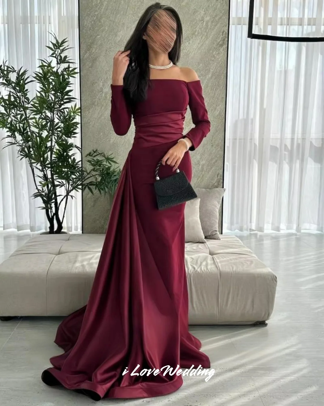 バーガンディ ストレス イブニングドレス 2025 オフショルダー 長袖 マーメイド スウィープトレイン ロング丈 ウェディング パーティー ドレス カスタムメイド