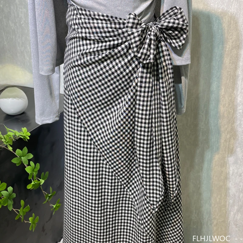 Vintage Plaid Skirts Temperament French Fashion Woman FLHJLWOC Design Bowknot Belt Lace-Up High Waist Bow Tie Long Skirt