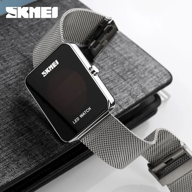 Skmei Time Meishi Red LED Light Student Electronic Watch Square Stainless Steel Mesh Strap Watch for Teenagers