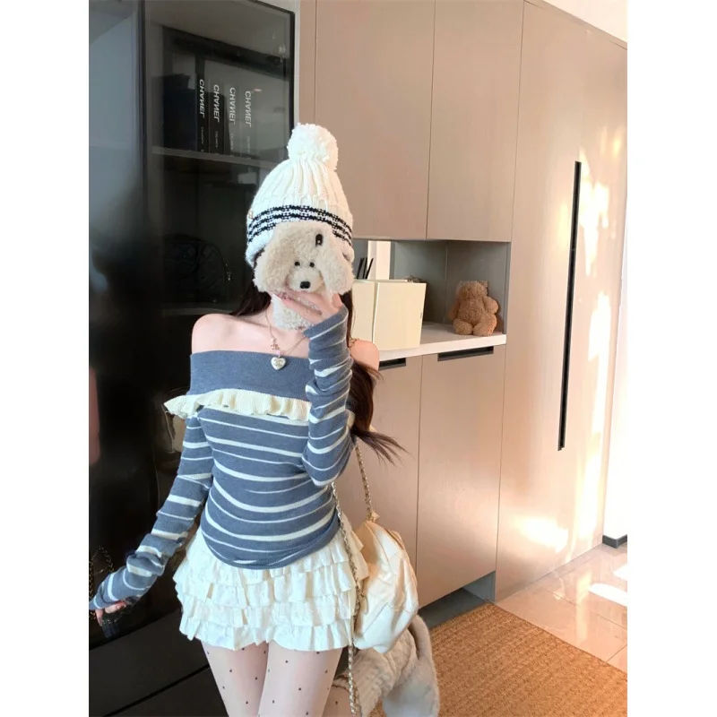 

New Korean Sle Splice Knitted Top Women's oulder Bared Striped Clothes Fur Velvet Material Regular Thin Spring S...