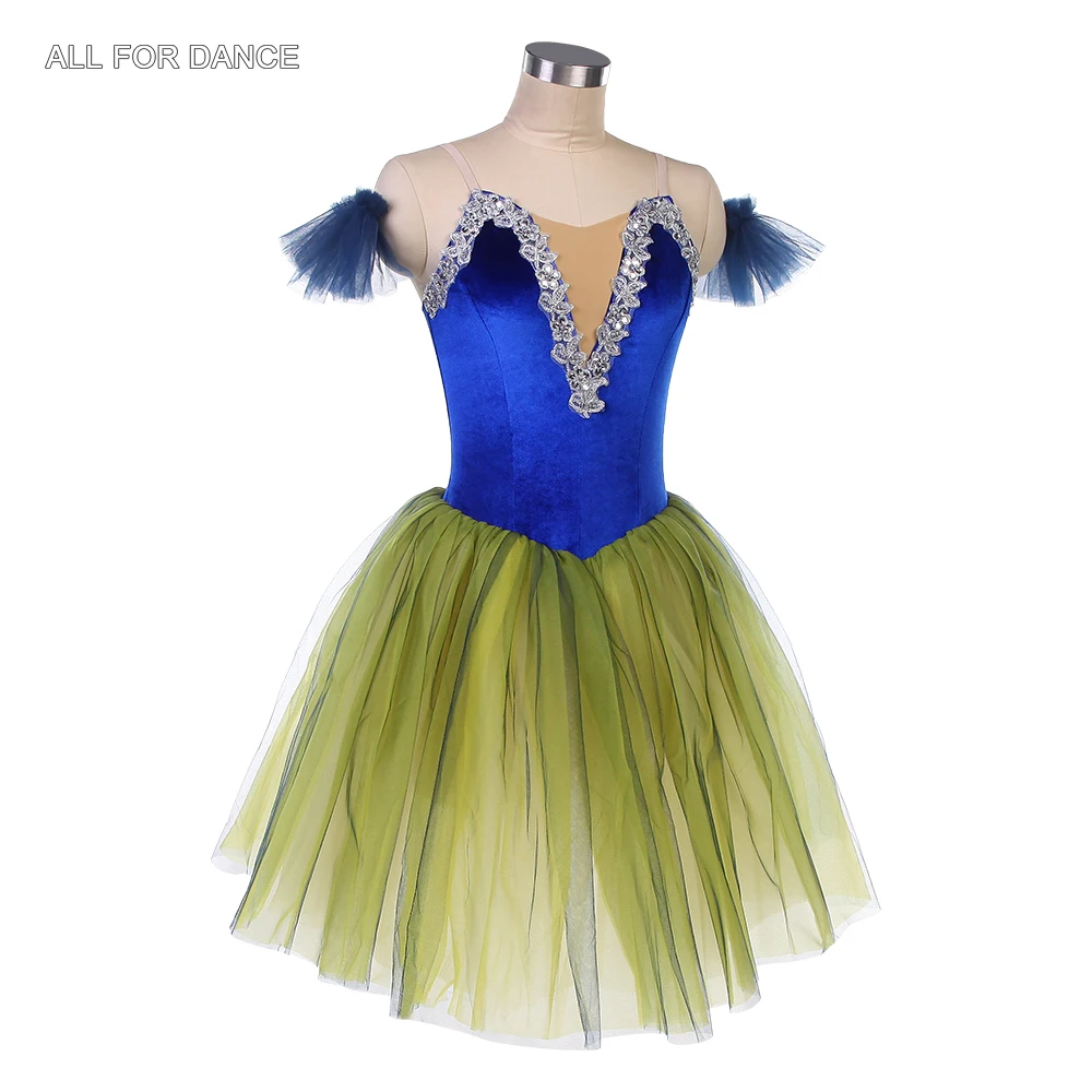 20189 Romantyczna sukienka baletowa dla dorosłych dziewcząt, elastyczny, królewski niebieski aksamitny gorset z warstwową spódnicą tutu.