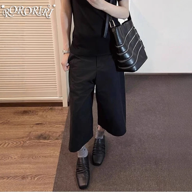 

RORORIRI Женские черные широкие шорты в американском стиле ретро с высокой талией, укороченные свободные брюки 2021, летние повседневные брюки в стиле бохо, шикарный стиль BF