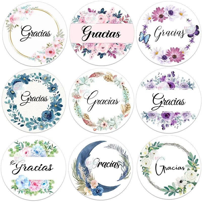 Gracias Thank You Floral Frame Sticker Self-adhesive Seal Label Christmas Wedding Thanksgiving Sticker Stationery Decoration