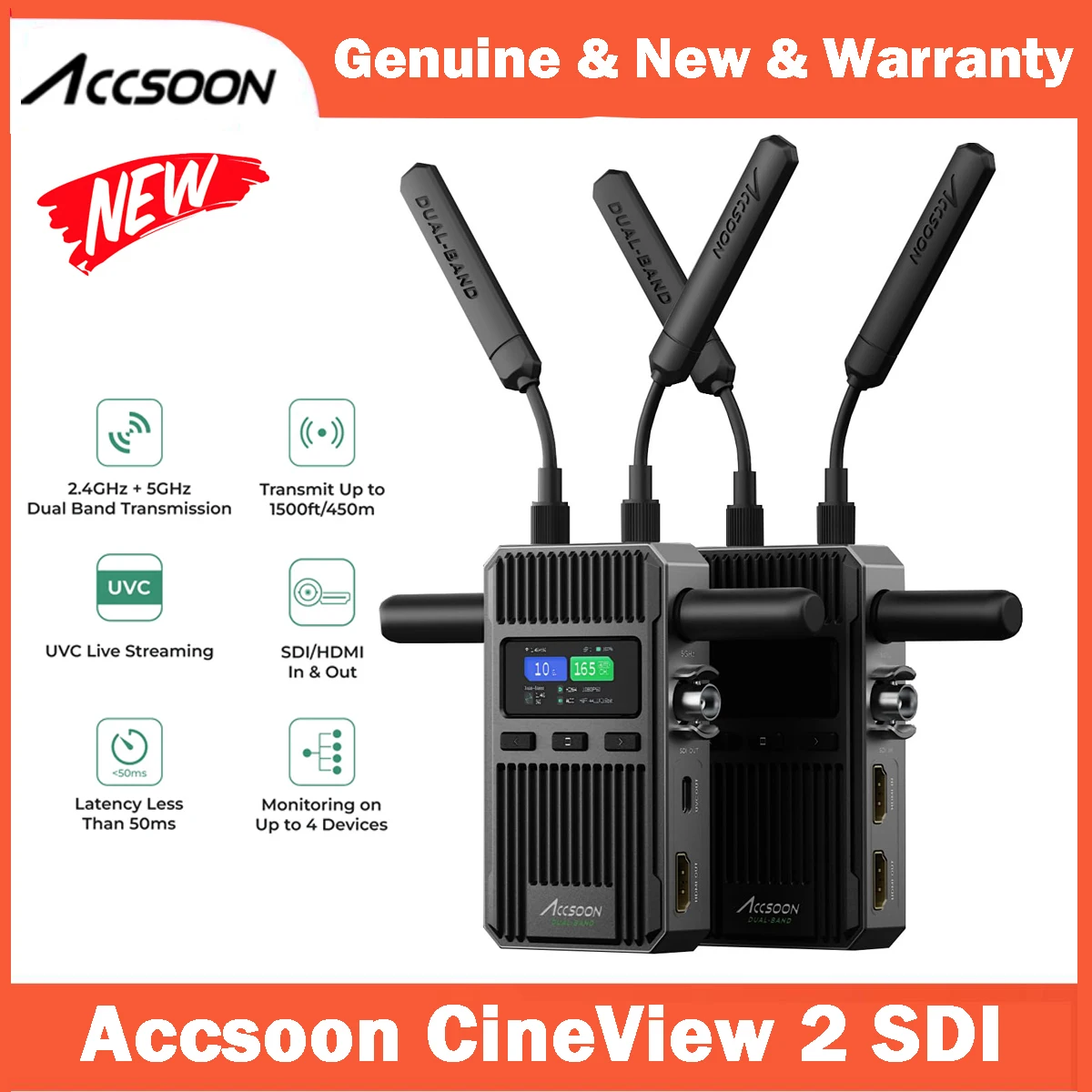 

ACCSOON CineView 2 SDI Wireless Video Transmission System Transmitter Receiver Kit 1080p 1500ft to 4 Devices for Live Streaming