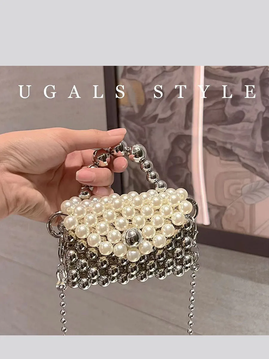 UGALS Retro Handmade Metal Silver  Beaded Pearl Coin Key Lipstick Crossbody Small Bag Sweet College Style Pure Color Shape