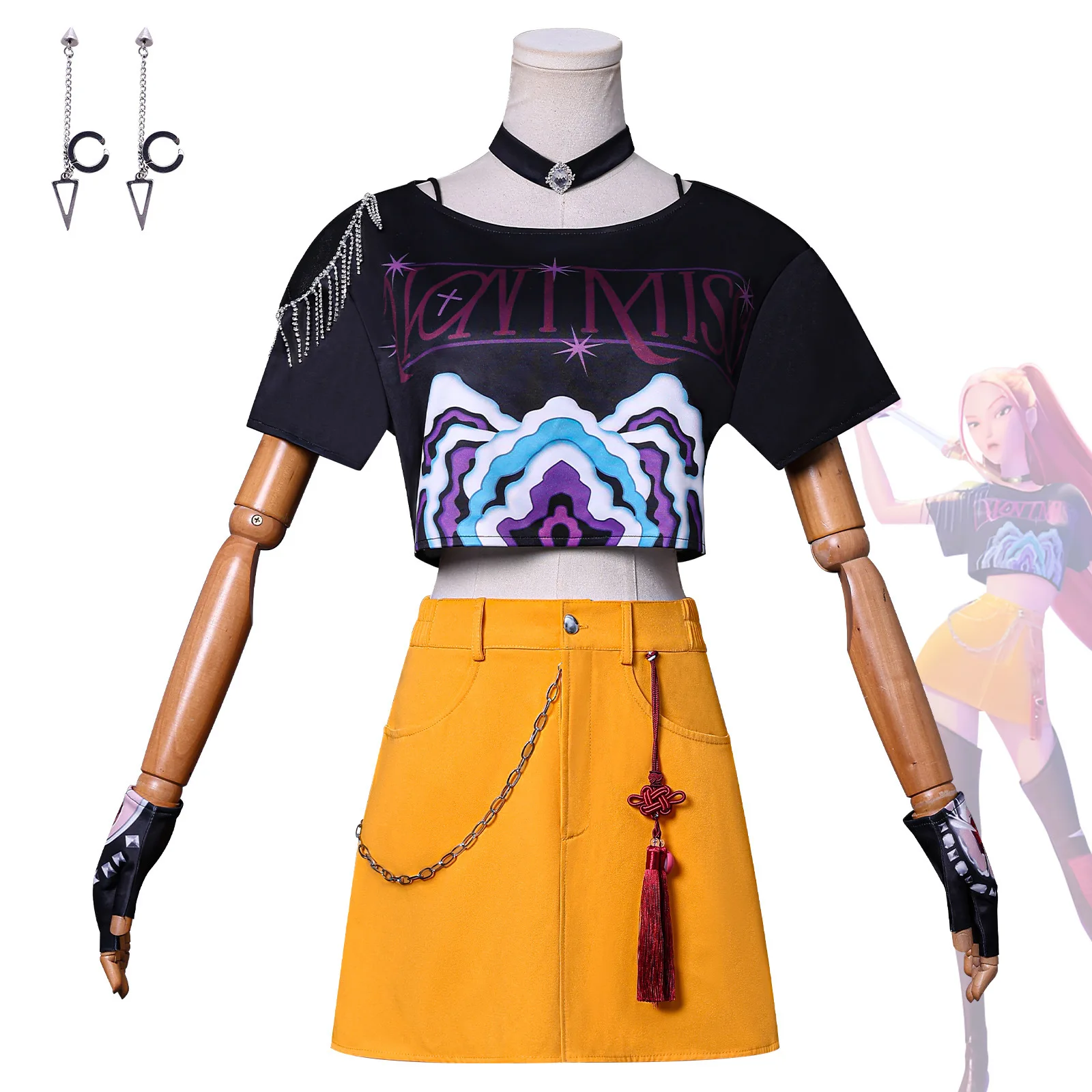 شيطان الصيادين ميرا تأثيري حلي شعر مستعار K-Pop ميرا تأثيري مثير موحدة فتاة مجموعة دعوى النساء السراويل العليا تنورة المرحلة الملابس مجموعة