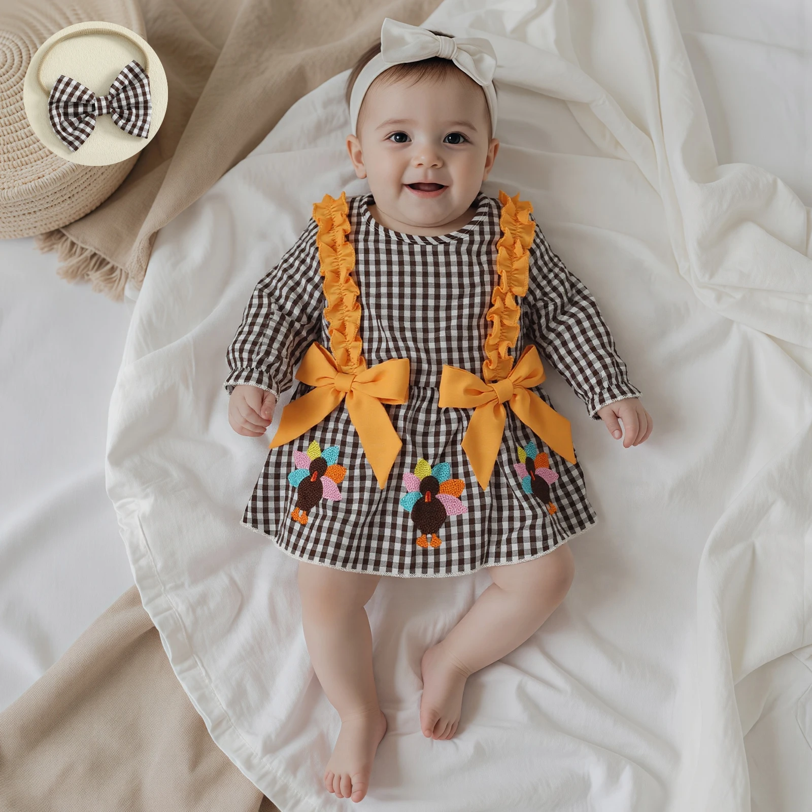 

Одежда для малышей, наряд на День Благодарения для девочек, турецкий клетчатый комбинезон с рюшами и длинными рукавами, платье и повязка на голову с бантом, комплект из 2 предметов