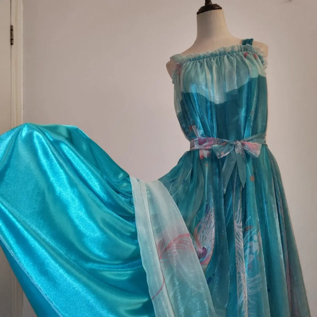 Double Layers Glossy Women Satin Mesh Voile Long Dress Maxi Dress Floral Print Pullover Elegant Dresses Sleeping Wear