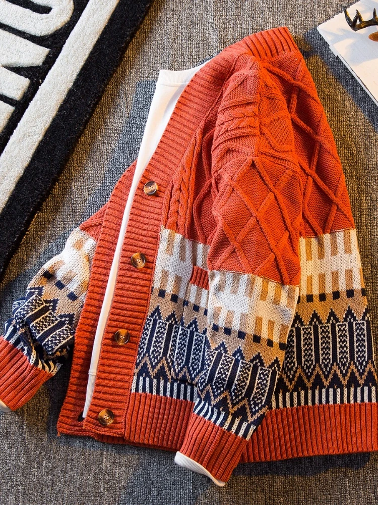 

Мужской японский винтажный свитер с панелями Argyle, вязаный кардиган в этническом стиле, оверсайз с v-образным вырезом, уличная одежда, свободное вязаное пальто