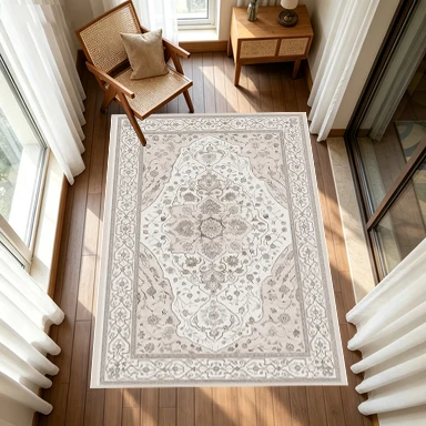 Neutral Beige Vintage Floral Persian Square Carpet Non-Slip Rug, Suitable for Living Room, Bedroom, and Home Interior Decoration