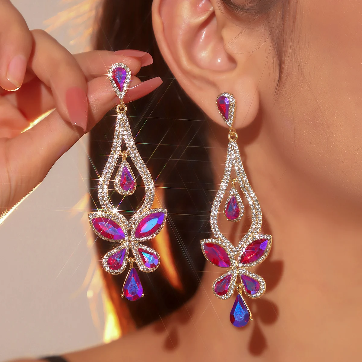 Long Colorful Crystal Bridal Wedding Water Drops Chandelier Earrings for Women Prom Pageant Vintage Rhinestone Statement Earring
