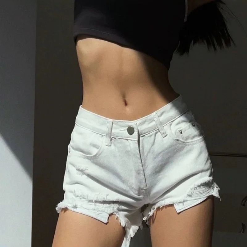 Retro Old Ripped Rough Edge White Denim Shorts Low Waist Spice Girl Style A-shaped Hot Pants
