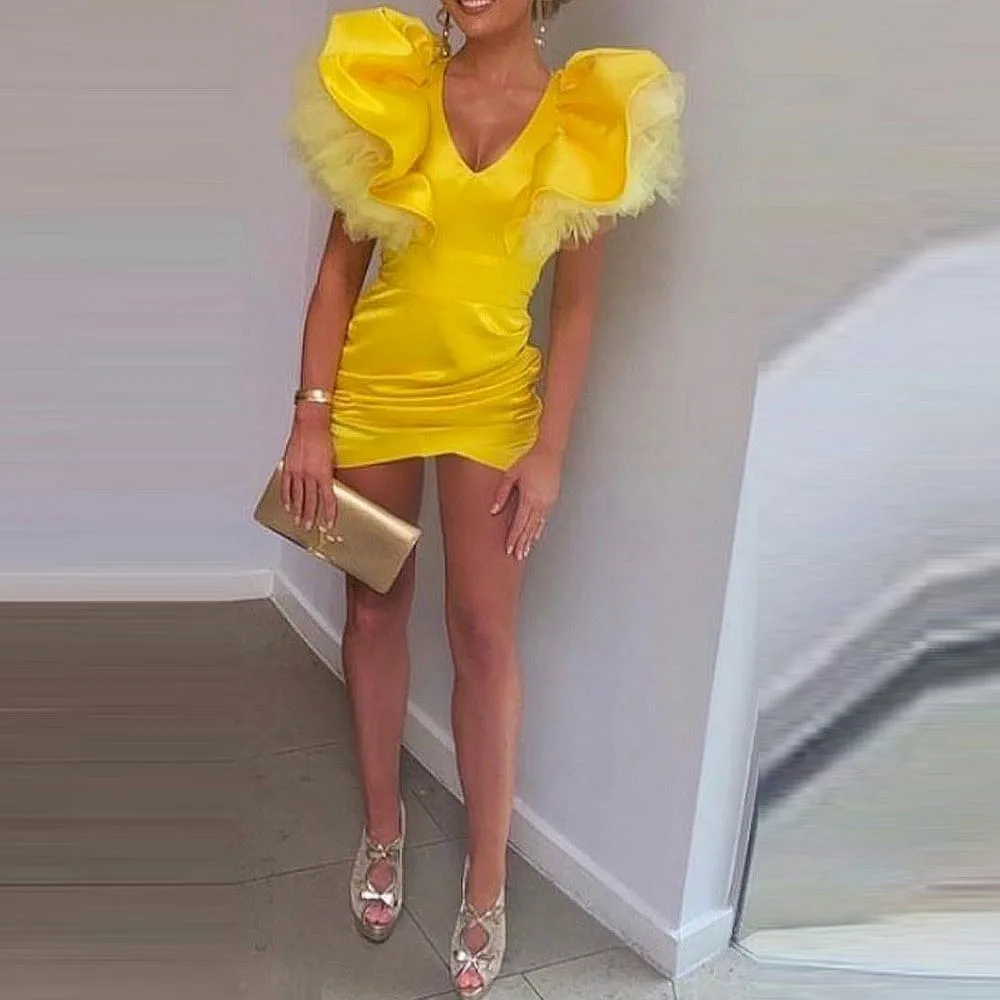 

Yellow Mini Cocktail Dress Ruffles Puffy Shoulder Deep V Neck Sexy Short Pleats Prom Dress Black Girls Christmas Party Gowns