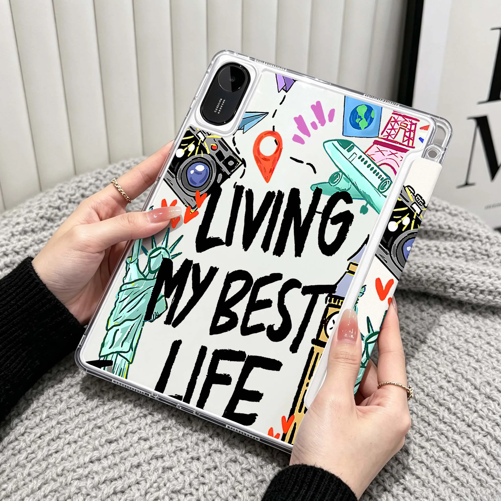 Travel Stamp Collage For Xiaomi Redmi Poco Pad 5 6 7 8 Pro SE 11 11.2 12.1 Inch Transparent Y-Shaped Folding Tablet Case