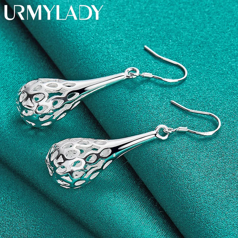 URMYLADY 925 Sterling Silver Hollow Water Drop Earrings Eardrop for Women Fashion Wedding Engagement Charm Jewelry
