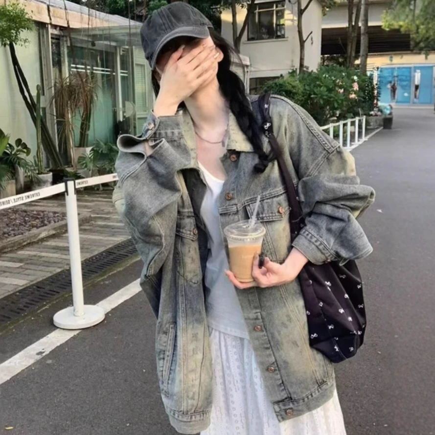 

Coat Women Denim Coats Turn Down Collar Y2k Streetwear Mid Length Jackets Mom Work Casual Loose Elegant Splice Jacket 2025