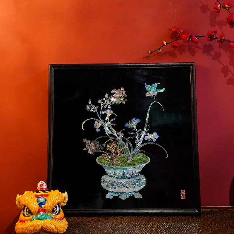 

heritage Yangzhou lacquerware, color snail hanging screen indoor, entrance hall hanging screen, bonsai flowers and birds