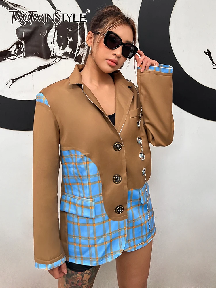 

TWOTWINSTYLE Patchwork Chain Blazer For Women Notched Long Sleeve Plaid Colorblock Loose Blazers Female Autumn Fashion Clothing