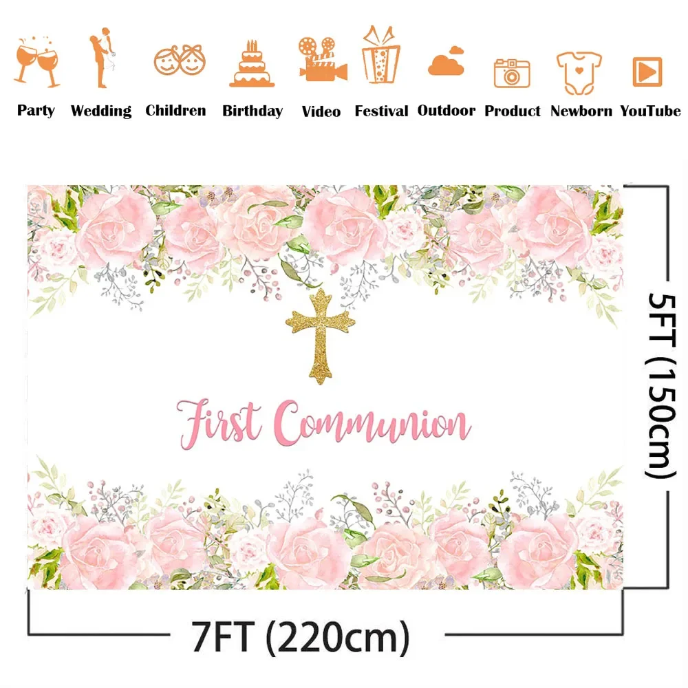 Fondo de primera comunión para cumpleaños, flores de acuarela rosa, suministros de decoración para fiesta de Baby Shower, pancarta de mesa de postre