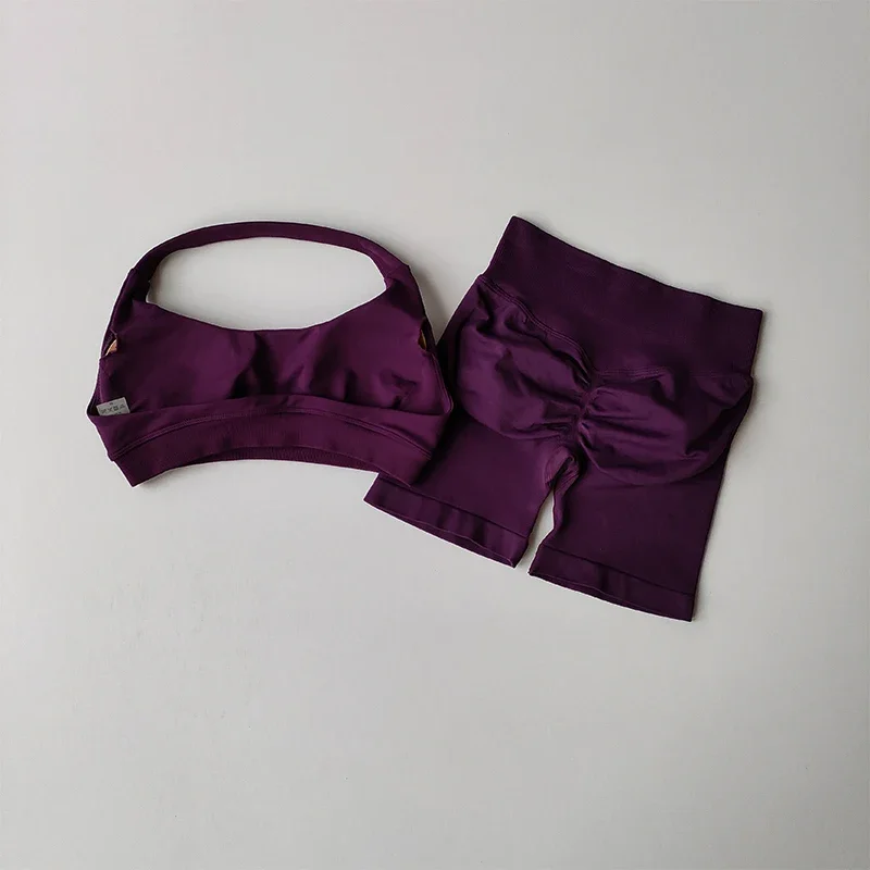 2-teiliges Set: Sexy Neckholder-Sport-BH in Pfirsichfarbe und High-Waist-Shorts für Damen, geeignet für Pilates, Yoga, Training, Fitness, mit schönem Rückenausschnitt und formgebendem Effekt. – Detail 7