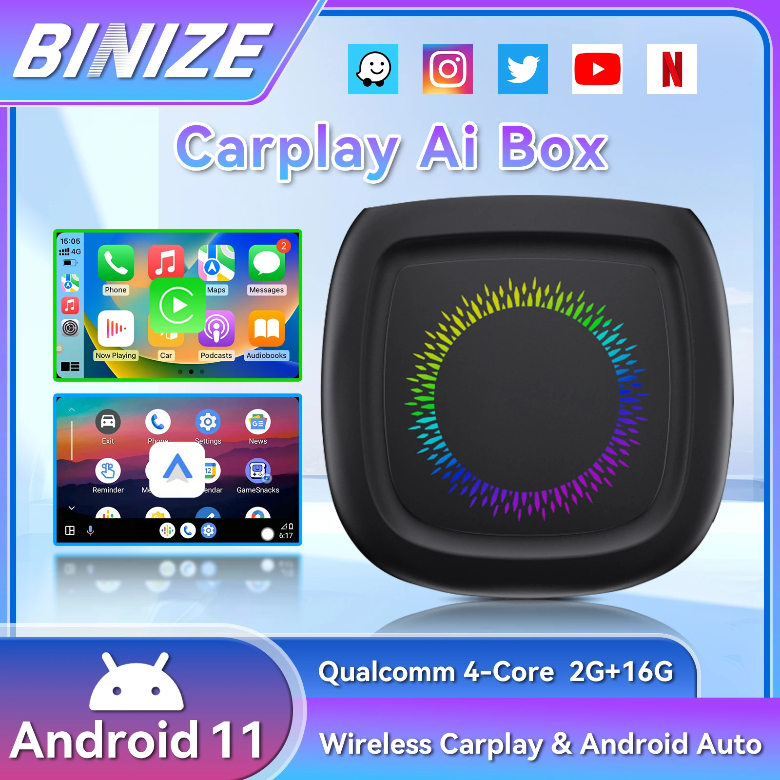 

Binize Carplay AI Box Wireless Android Auto For Netflix YouTube For Mazda Hyundai GMC Ford MG VW Kia Android 11.0 ﻿