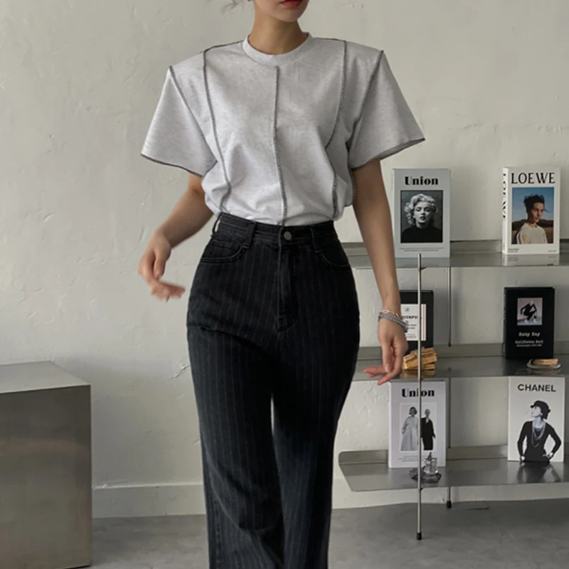 ort Sve T-irt Women's Chic Spring Summer Design Personali Spicy Girl Slimming Stitching round Ne T-irt Fem