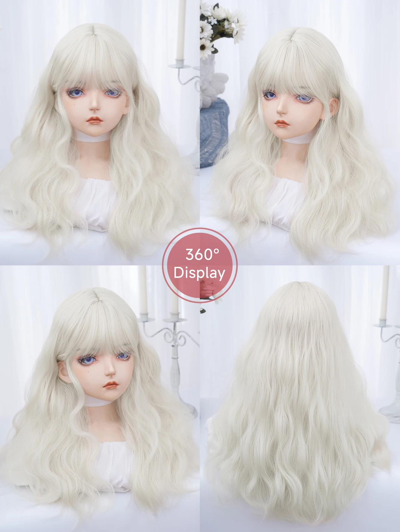 Wig sintetis pirang gaya klasik Eropa 24 inci dengan poni Wig rambut berombak Medium untuk penggunaan sehari-hari wanita Cosplay tahan panas