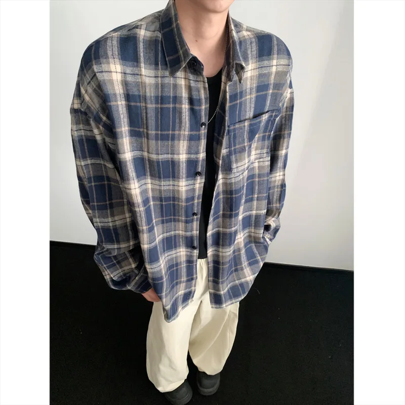 Autumn Long Sleeved Shirt Men Fashion Retro Plaid Shirt Men Japanese Streetwear Loose Brown Casual Shirts Mens Large Size 4XL