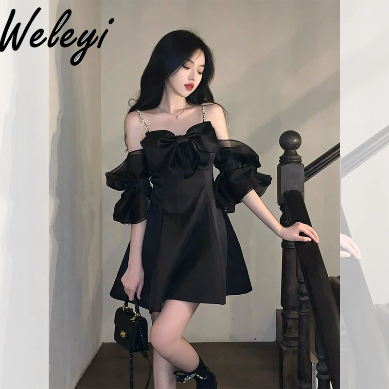 

Off The Shoulder Rhinestones Suspender Short Dress for Women Party Summer 2025 New High-end Bow Sling Small Black Dresses Female