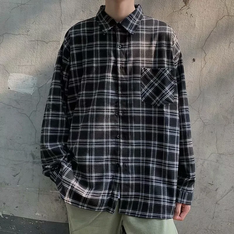 Spring New Japanese Korean Men's Casual Plaid Shirt Vintage Streetwear Harajuku Long-sleeved Check Tops T-shirt Y2k Men Clothing