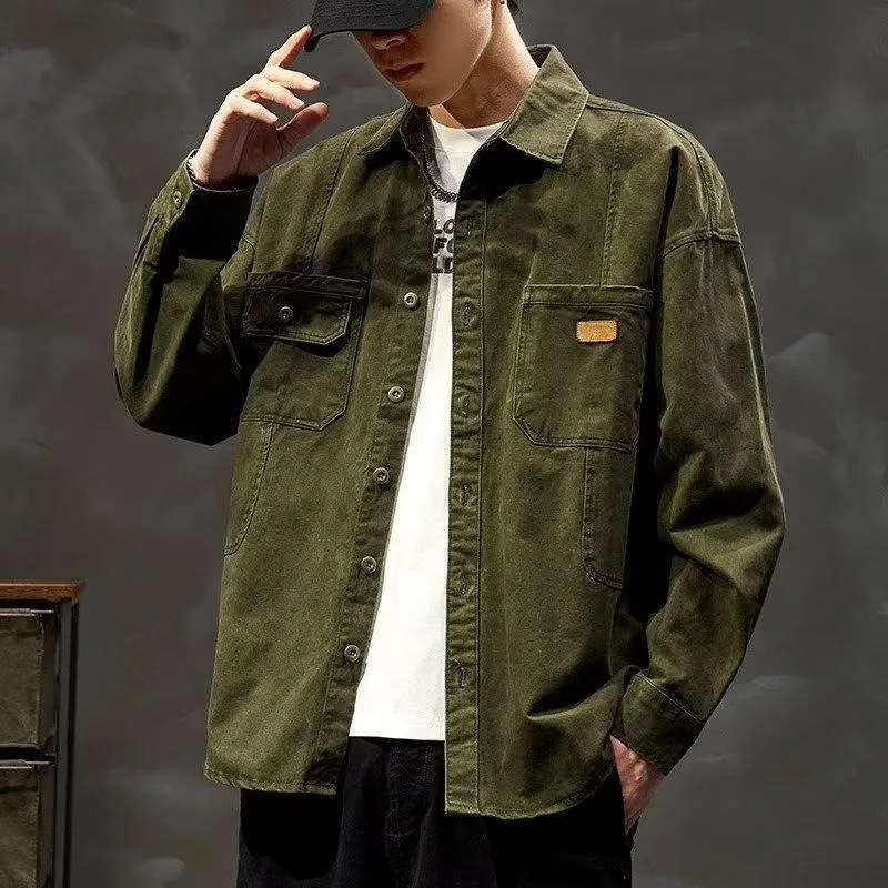 سترة قميص العمل للرجال للربيع والخريف سترة فضفاضة بلوزة كاجوال بأكمام طويلة للرجال