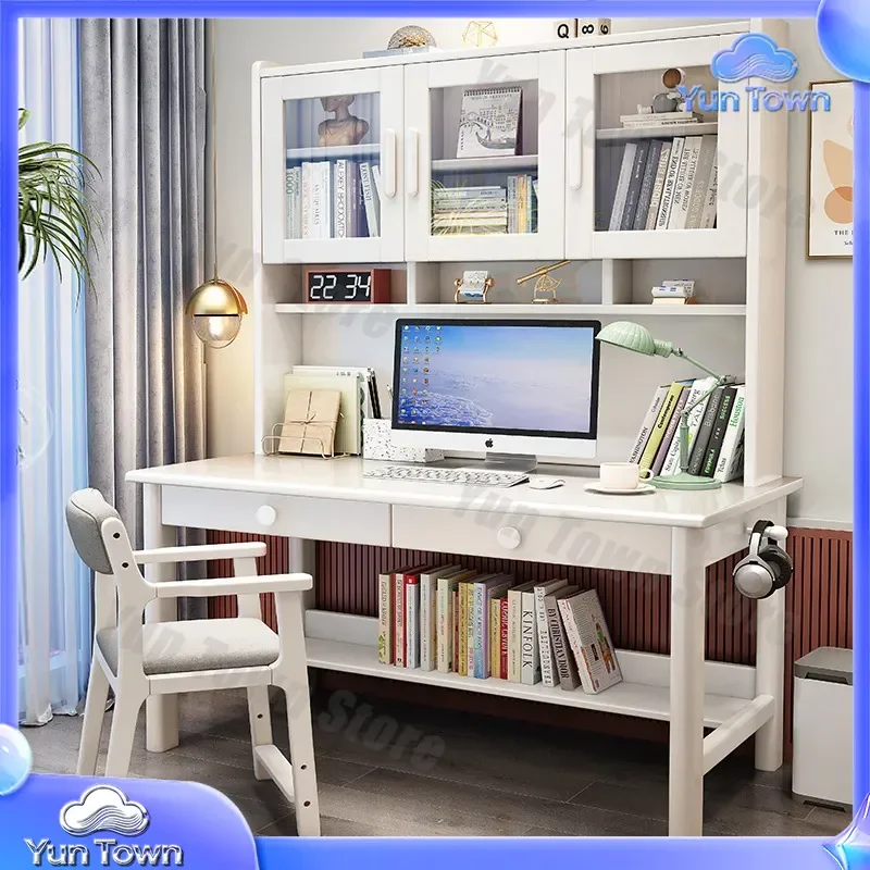 Solid Wood Desk for Home Office Study Table for Computer Workstation Bookshelf Integrated Bookcase for Junior High School