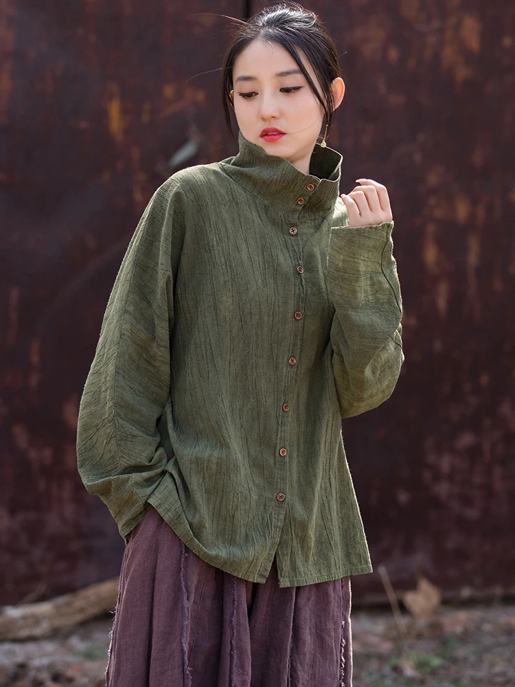 High Quality Cotton Linen Shirt Women New 2026 Spring Vintage Style Tie Dye Loose Female Long Sleeve Casual Tops Shirts