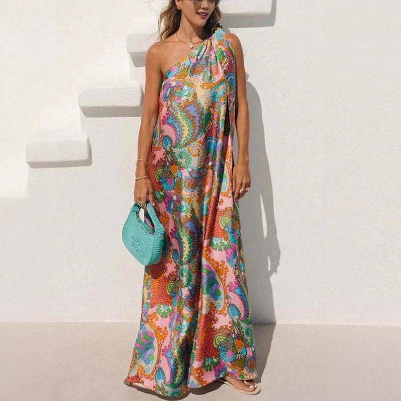 트렌디 한 여성 섹시한 오프 어깨 빈티지 인쇄 긴 드레스 여성 여름 보헤미안 드레스 여성을위한 민소매 비치 파티 드레스