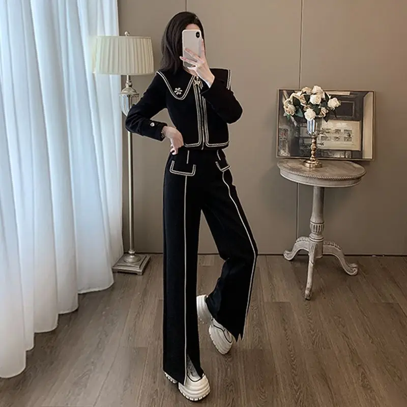 

Women Spring Fall Casual Sporty Black Short Sweatshirt Coats Split Pant Two Piece Set Lady Turn-Down Collar Jacket Trousers Suit