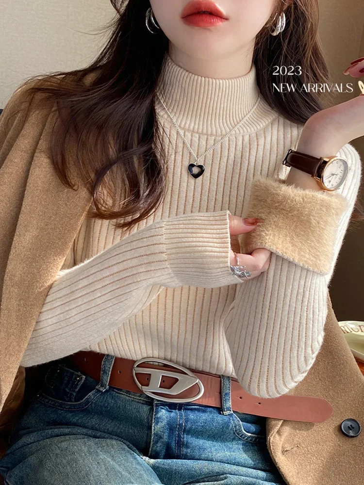 

New Autumn and Winter Pullovers Knitted Women's Fleece Sweater Elegant Turtleneck Slim-fit Long-sleeved Bottoming Shirt Knitwear