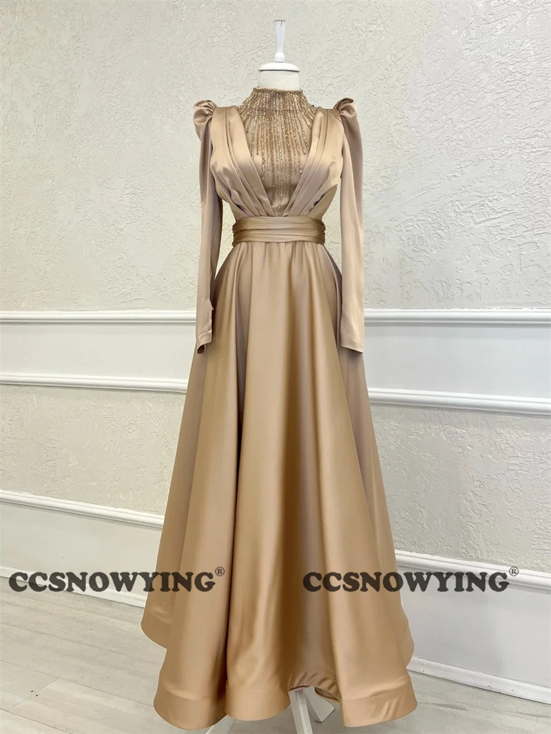 

Champagne Long Sleeve Muslim Evening Dresses Satin Beaded Islamic Hijab Formal Party Gown High Neck Arabic Dubai Robe De Soiree