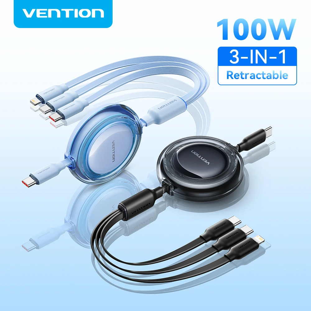 Vention 100 Вт USB C Тип C Кабель 3 в 1 Выдвижной кабель USB C Шнур для быстрой зарядки для iPhone 16 15 Macbook Портативный провод типа C
