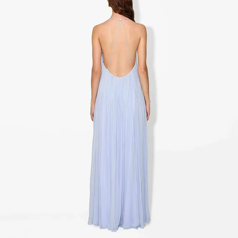 Abito sexy con bretelle all'americana con scollo a V cavo Donna Primavera Solido Abito lungo a pieghe allentato Abito estivo con fasciatura senza schienale Boho Vestido