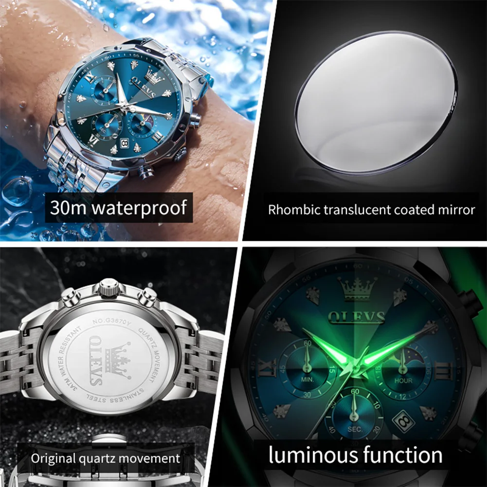 OLEVS 3670 ساعة رجالية أصلية ساعة كوارتز ستانلس ستيل مقاوم للماء مضيئة تاريخ القمر المرحلة كرونوغراف فاخر الرجال رسمي