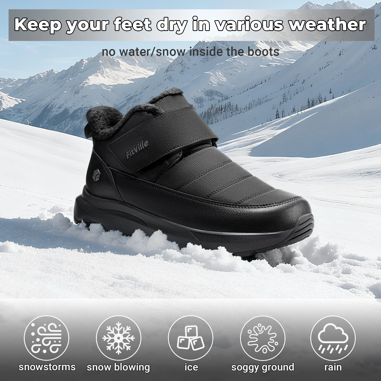 Fittington أحذية الكاحل الثلوج للرجال الشتاء الفراء بطانة مقاوم للماء أحذية واسعة للغاية في الهواء الطلق سميكة الأحذية الراحة الأحذية